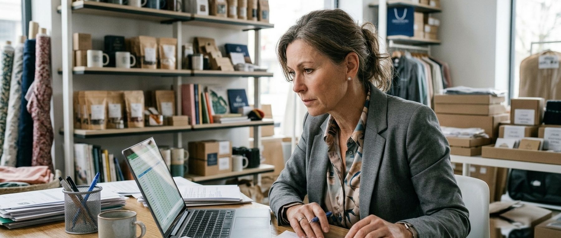 Dueña de una pequeña tienda revisando las facturas del día en su computadora
